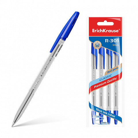 Set of 4 ballpoint pens ErichKrause R-301 Stick Classic 1.0, ink color: blue (in polybag)