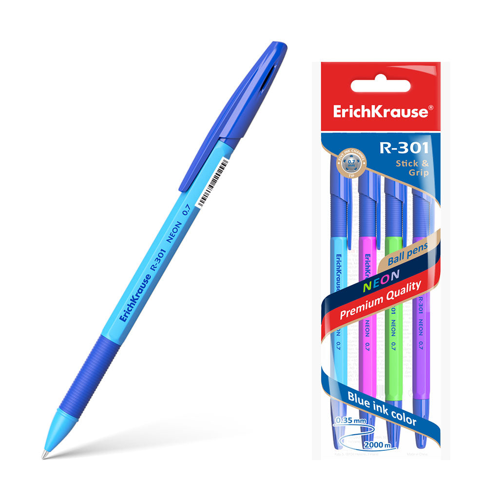 Ballpoint pen ErichKrause R-301 Stick&Grip Neon 1.0, ink color: blue