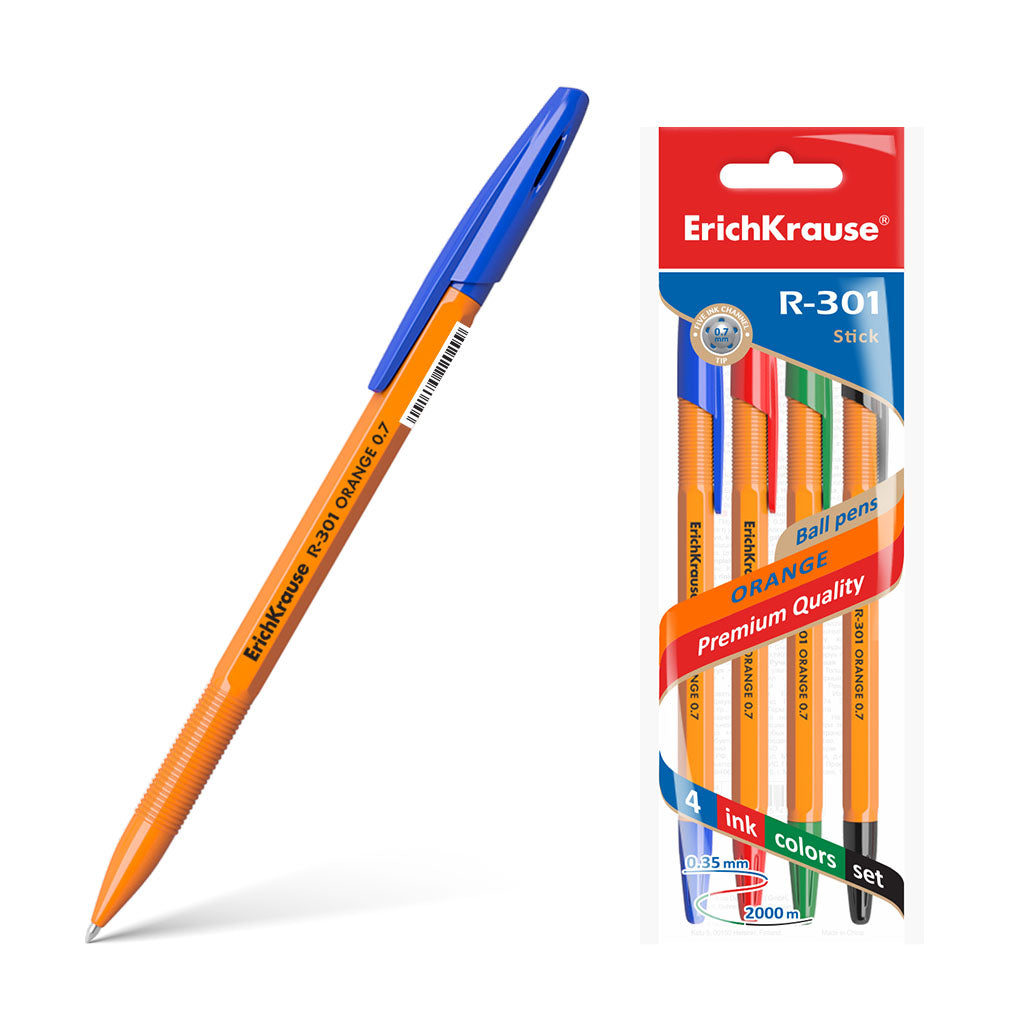 Set of 4 ballpoint pens ErichKrause R-301 Stick Orange 0.7, ink color: blue, black, red, green (in polybag)
