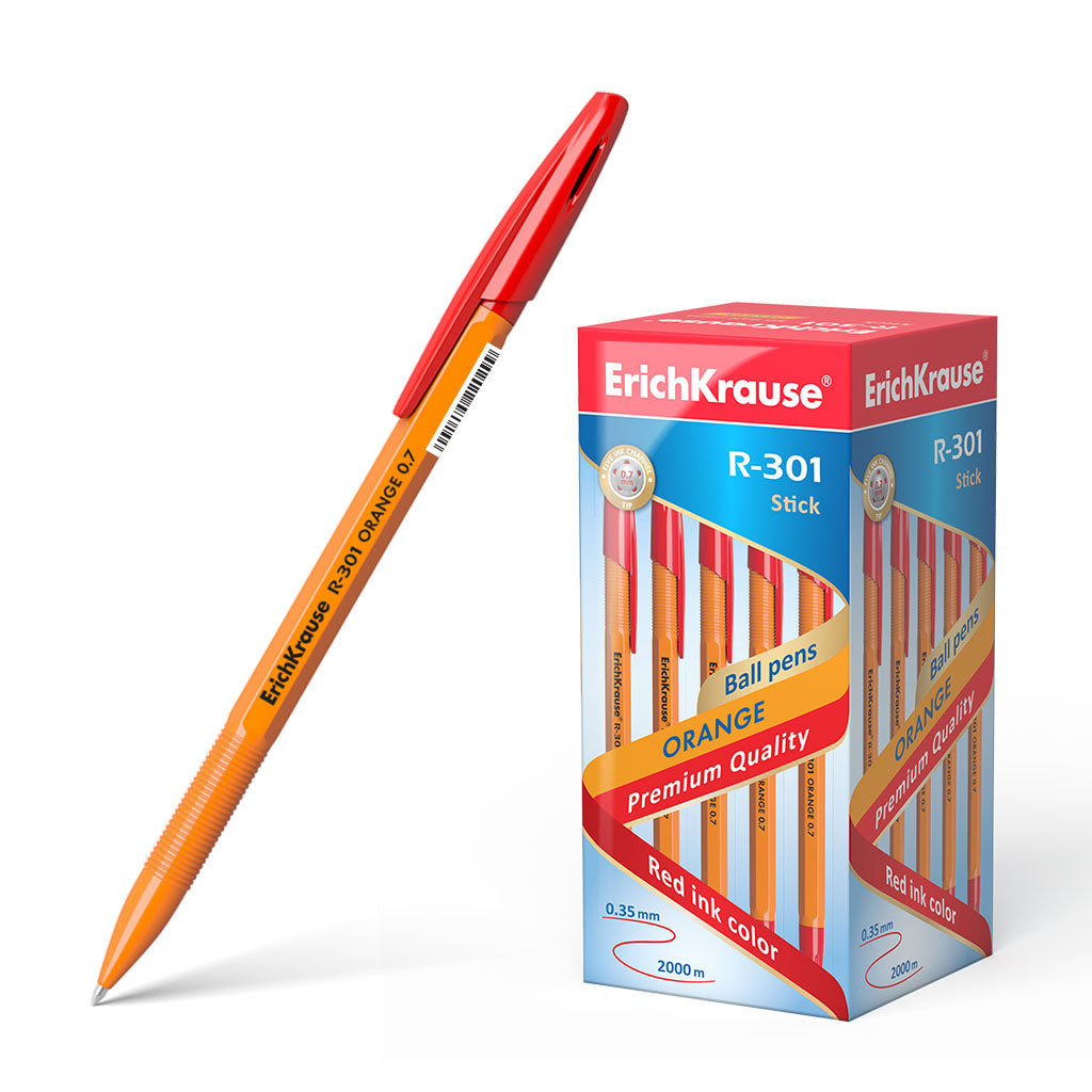 Ballpoint pen ErichKrause R-301 Stick Orange 0.7, ink color: red