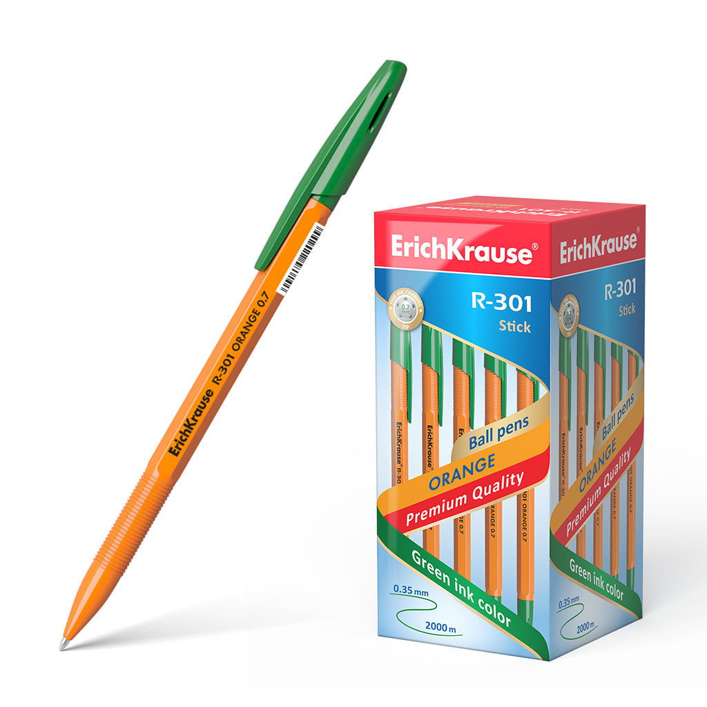 Ballpoint pen ErichKrause R-301 Stick Orange 0.7, ink color: green