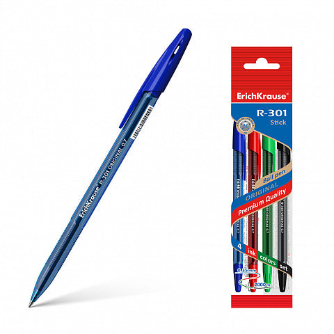 Set of 4 ballpoint pens ErichKrause R-301 Stick Original 1.0, ink color: blue, black, red, green (in polybag)