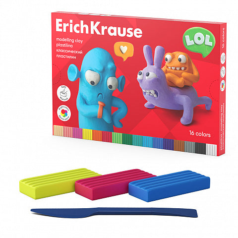 Modelling clay ErichKrause Jolly Friends 16 colors with a modelling tool, 288 g (16 pcs in a box)