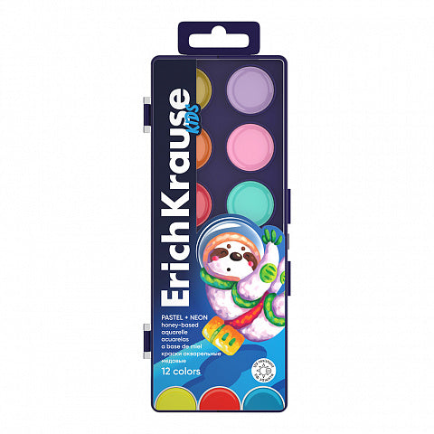 Watercolors ErichKrause Kids Space Animals Neon+Pastel honey based with UV Protection 12 colors (in a plastic box with euro hang tab)