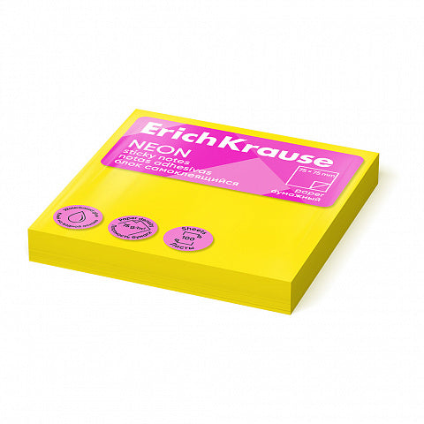 Sticky notes ErichKrause Neon, 75x75 mm, 100 sheets, yellow