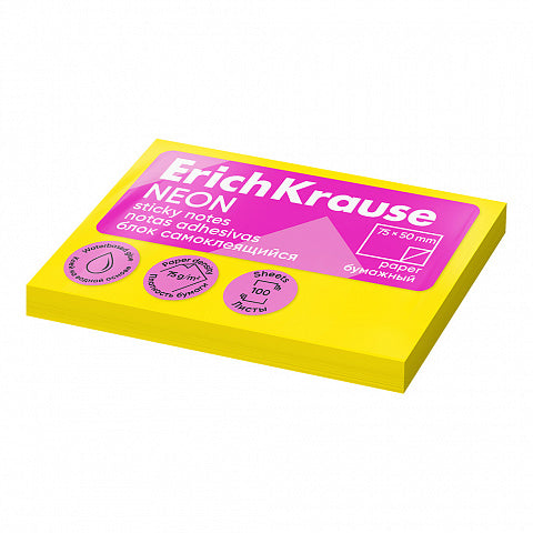 Sticky notes ErichKrause Neon, 50x75 mm, 100 sheets, yellow