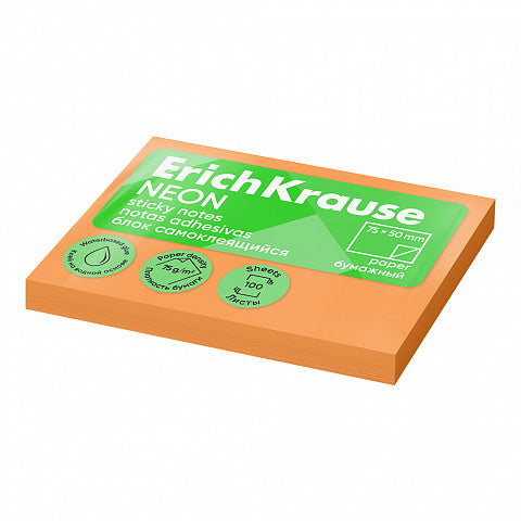 Sticky notes ErichKrause Neon, 50x75 mm, 100 sheets, orange