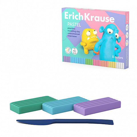 Modelling clay ErichKrause Jolly Friends Pastel 8 colors with a modelling tool, 144 g (8 pcs in a box)