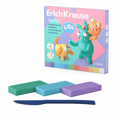 Modelling clay ErichKrause Jolly Friends Pastel 12 colors with a modelling tool, 216 g (12 pcs in a box)