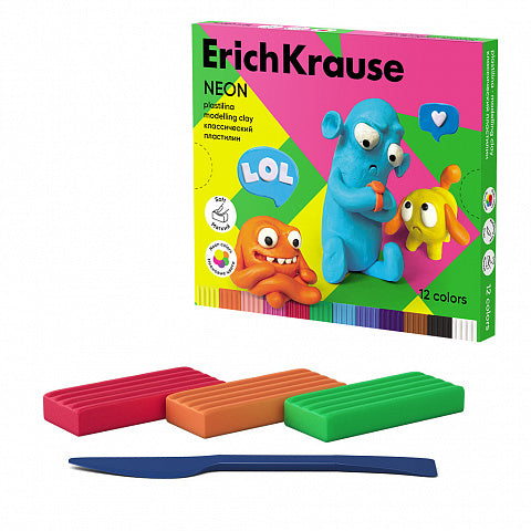 Modelling clay ErichKrause Jolly Friends Neon 12 colors with a modelling tool, 216 g (12 pcs in a box)