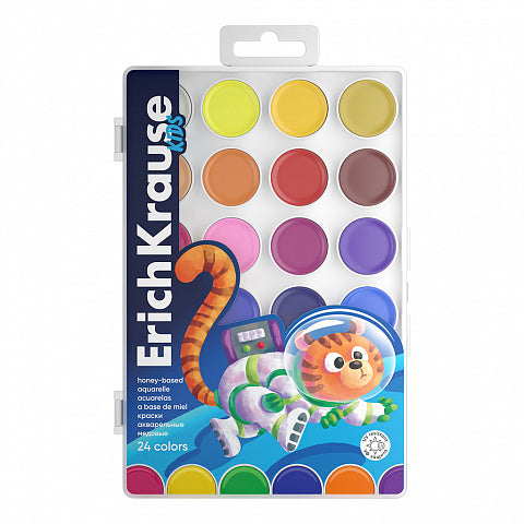 Watercolors ErichKrause Kids Space Animals honey based with UV Protection 24 colors (in a plastic box with euro hang tab)