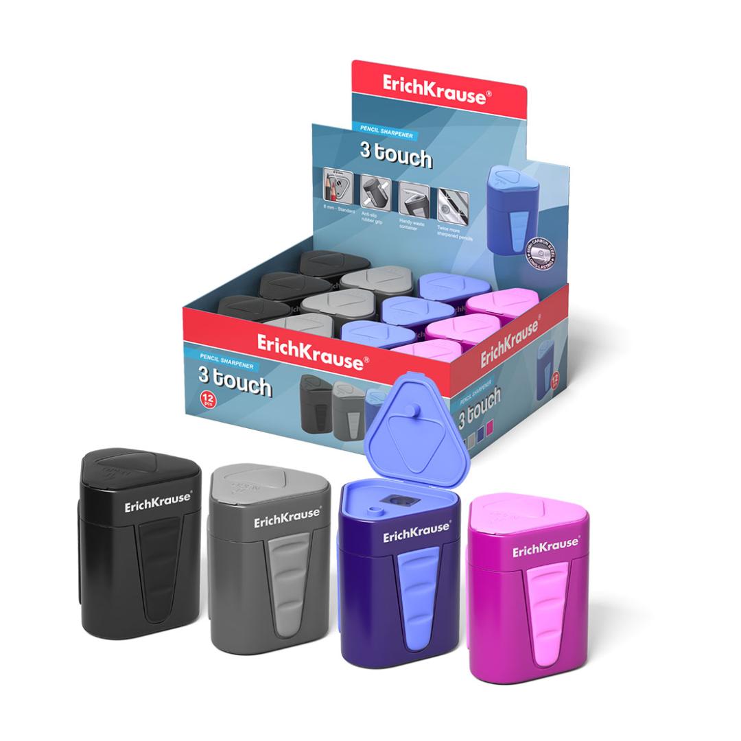 ErichKrause Plastic sharpener 3-Touch, with container, assorted